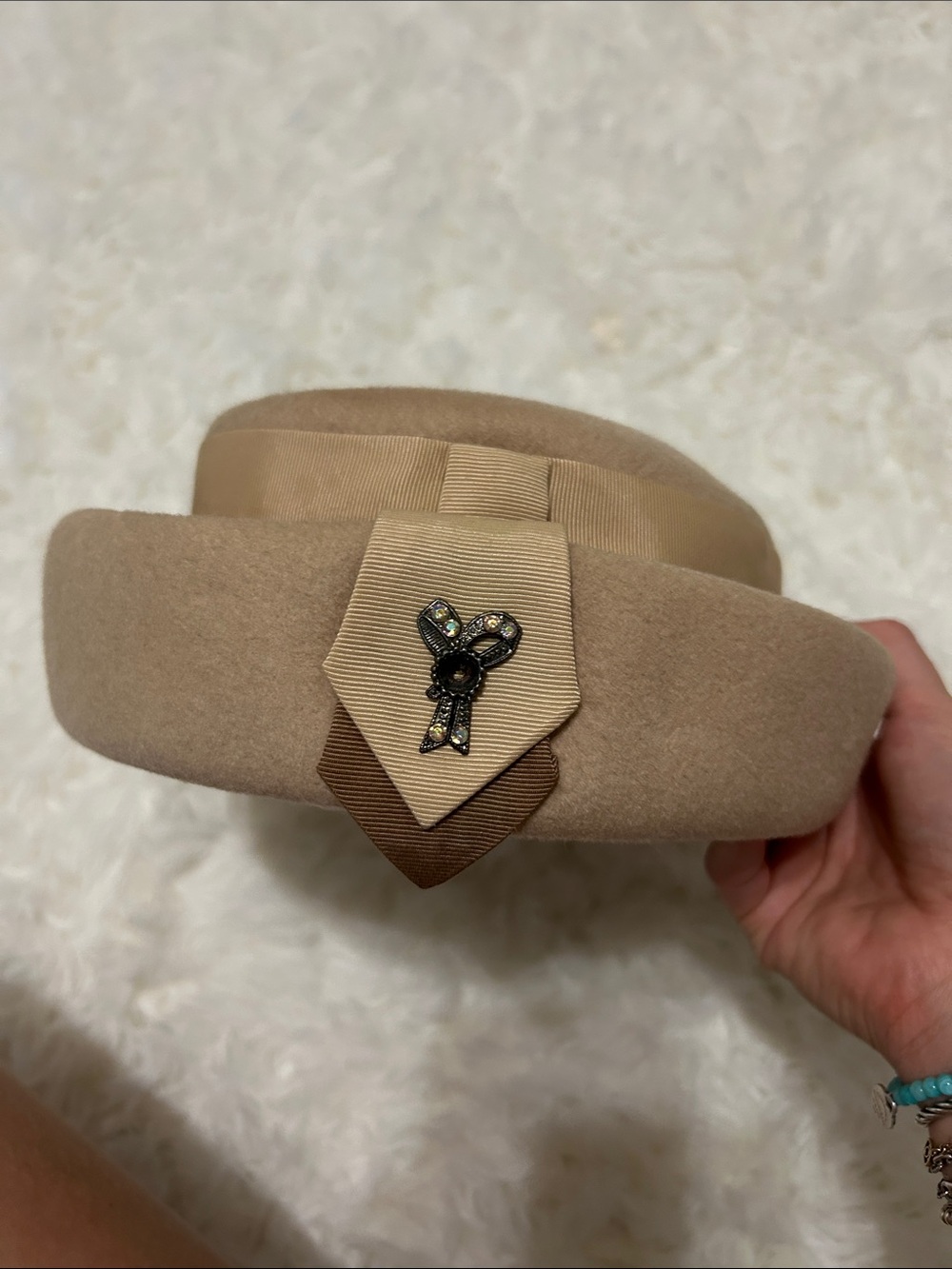 Zephyr Tan Wool Felt Pillbox Hat with Bow Accent